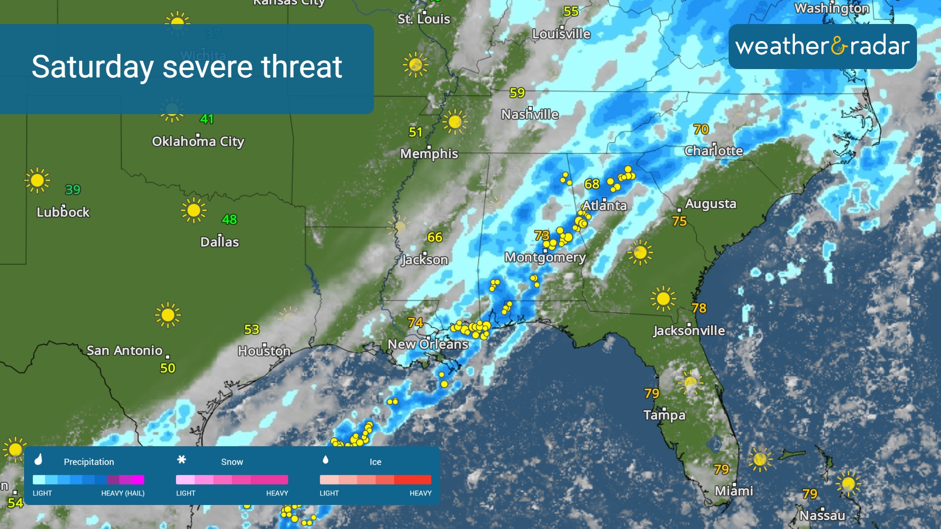 Strong storms possible across the Southeast on Saturday.