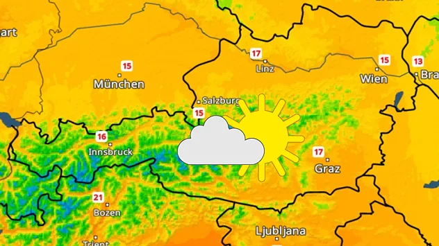 Wetterkarte von Österreich mit Sonne-Wolken-Symbol und Temperaturen zwischen etwa 13 und 21 Grad.