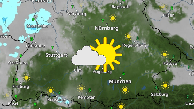 Wetterkarte von Süddeutschland mit vielen Sonnensymbolen. Temperaturen und Städte in Bayern sind dargestellt.