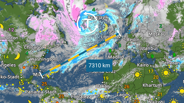 Aperçu météo avec itinéraire transatlantique balisé sur environ 7310 km. La carte indique les températures actuelles et les systèmes météorologiques de l'Amérique du Nord à l'Europe. Les bandes nuageuses et les précipitations hivernales sont clairement visibles.