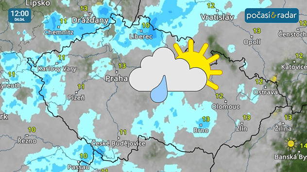 Meteoradar, screenshot, 4. dubna 12:00: V sobotu ovlivní počasí v Česku přechod nevýrazného frontálního systému.