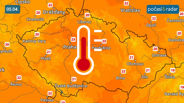 Předpověď maximálních denních teplot v Česku na neděli 5. dubna: Neděle přinese do Česka velmi teplé počasí, denní teploty budou na velké části území stoupat přes 20 °C.