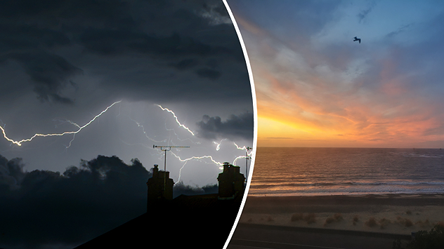 Split image showing lightning branching beneath dark storm clouds above rooftops on the left and an orange-pink sunset over a calm sea on the right.