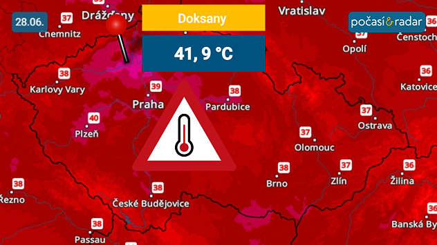 Maximální teploty v Česku v neděli 28. června: V Doksanech na Litoměřicku byl v neděli 28. června ustanoven nový absolutní rekord nejvyšší naměřené teploty v České republice.