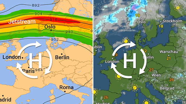 Der Jetstream liegt über Skandinavien, ein Hoch über Mitteleuropa. Daneben das WetterRadar: Wolkenloses und sommerlich warmes Mitteleuropa. In Skandinavien dagegen dichte Regenwolken.