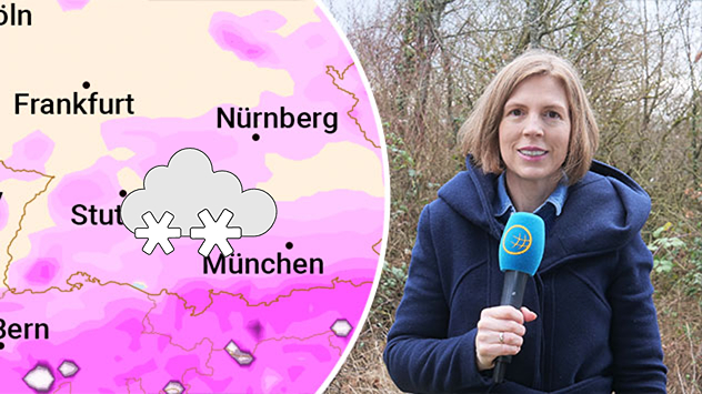 Meteorologin rechts, eine Karte mit Schnee links