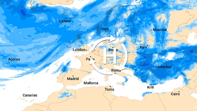 Europa-Wetterkarte mit Hochdruckgebiet über Mitteleuropa. Viele Niederschläge über Nord- und Osteuropa, trockenes Wetter über Spanien, Frankreich und Teilen Italiens.