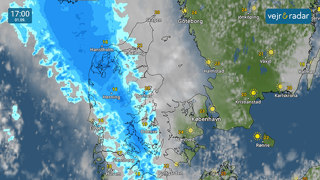 VejrRadarkort viser regn og byger over Danmark den 1. september klokken 17.