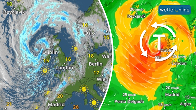Links eine WetterRadar mit Wolkenwirbel über Irland, rechts WindRadar mit Windfeldern und Tiefdruckzentrum über Dublin.