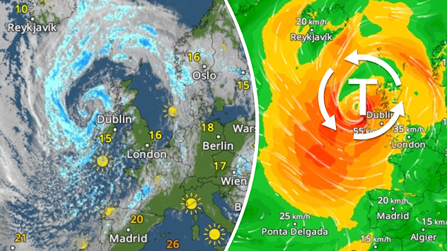 Links eine WetterRadar mit Wolkenwirbel über Irland, rechts WindRadar mit Windfeldern und Tiefdruckzentrum über Dublin.