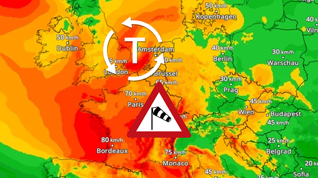 Carte météo avec dépression et alerte de vent sur l'Europe occidentale, vents violents en France et au Benelux.