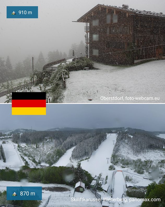 Twee webcambeelden uit Duitsland tonen winterse taferelen in Oberstdorf en Winterberg. Sneeuwval en besneeuwde landschappen strekken zich uit tot een hoogte van 870 tot 910 meter.