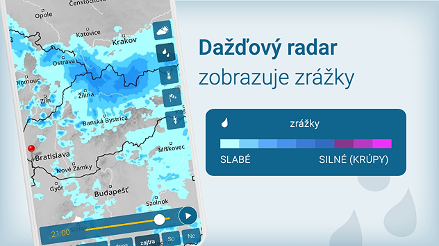 Telefón s aplikáciou Počasie & Radar a Dažďový radar s vysvetlivkami, akou farbou a zobrazuje jednotlivá intenzita zrážok.