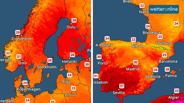 De temperatuurradar laat zien dat Oslo met 31 graden momenteel warmer is dan Barcelona met 25 graden