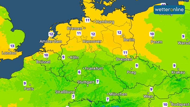 Temperaturkarte Mitteleuropas mit milderem Norden und kühlerem Süden.