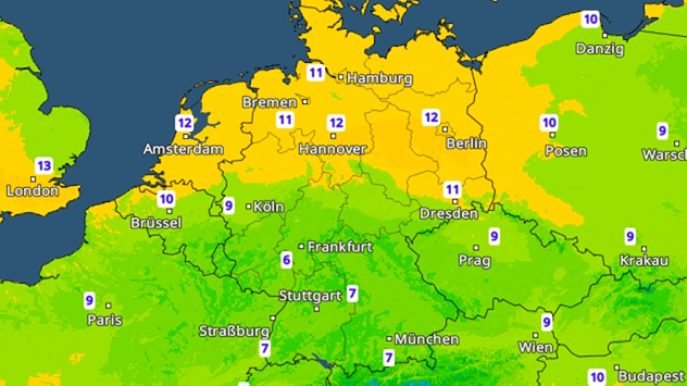 Temperaturen Mitteleuropa Temperaturkarte Mitteleuropas mit milderem Norden und kühlerem Süden.