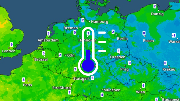 Temperaturkarte Deutschland Montag früh mit frostigen Werten im Osten. Westen milder, Osten teils unter null Grad.