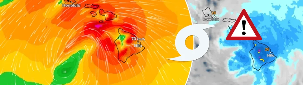 WindRadar mit Hurrikan, daneben WetterRadar mit kräftigem Regen auf Hawaii