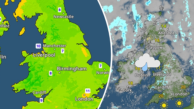 Split weather graphic showing Sunday morning lows of 7–11°C across England and Wales on the left, with Saturday showers across the UK and Ireland on the right.