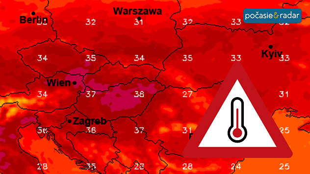 Teplotná mapa strednej Európy s vysokými teplotami nad 30 °C a výstražným symbolom teplomeru upozorňujúcim na horúčavy