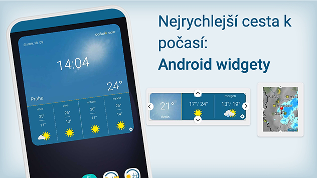 Telefon s aplikací Počasí & Radar se zobrazením funkce widgetů (detailní denní předpověď počasí/Meteoradar).