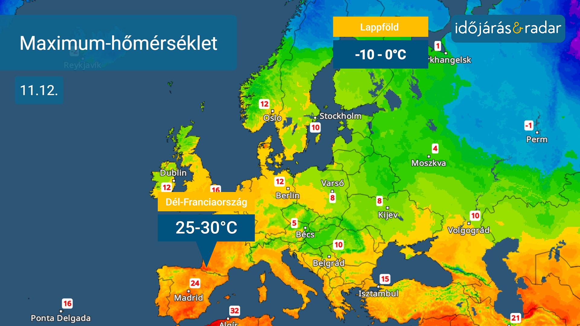 Hőmérsékleti térkép, amelyen jól látható kontrasztok vannak. Hideg Kelet-Európai síkság, meleg SPanyolország 23-24 fokos maximumokkal.