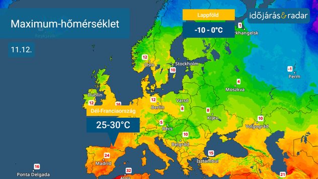 Hőmérsékleti térkép, amelyen jól látható kontrasztok vannak. Hideg Kelet-Európai síkság, meleg SPanyolország 23-24 fokos maximumokkal.