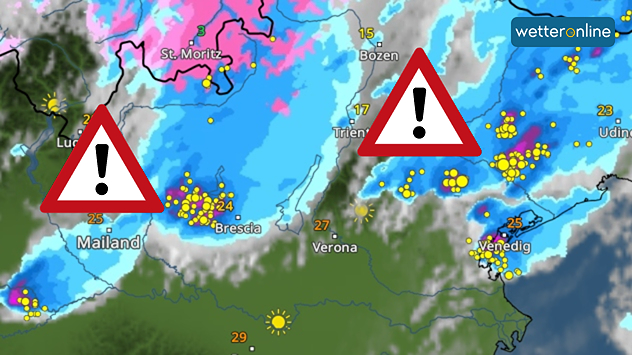 Meteorologická mapa s bouřkami, silnými srážkami a četnými blesky nad severní Itálií mezi Milánem, Tridentem a Benátkami.