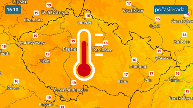 Předpověď maximálních teplot na pátek 16. října: V pátek se budou odpolední teploty hlavně v Čechách místy šplhat až k 19 °C.