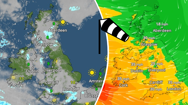 Split image, weather radar on the left shows clouds and light rain over the UK and Ireland. A wind radar on the right shows gusting winds, strongest over Ireland with a wind sock icon.