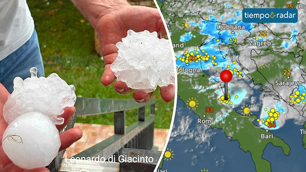 Dos manos sostienen enormes granizos; junto a ellas, un mapa meteorológico en el que se ven tormentas y numerosos relámpagos sobre la costa del Adriático y los Balcanes occidentales.