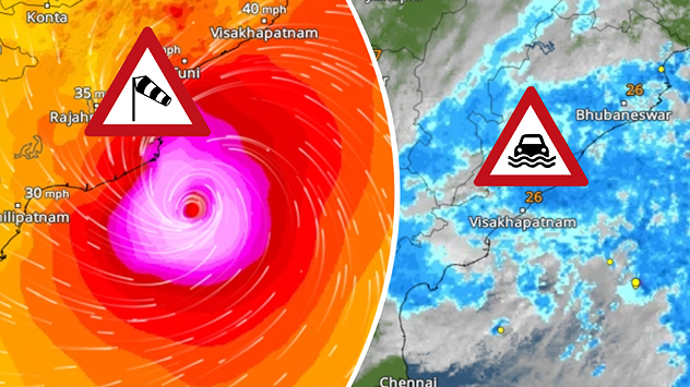 Split weather maps showing an intense cyclone off India's east coast near Visakhapatnam, with red-purple wind zones, heavy blue rain and warning symbols.