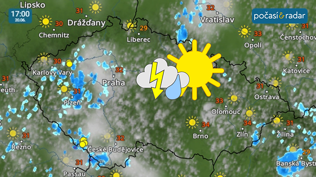 Meteoradar, screenshot, 20. 6. 17:00: O víkendu bude v denních hodinách docházet k nárůstu kupovité oblačnosti a tvorbě lokálních přeháněk a bouřek.