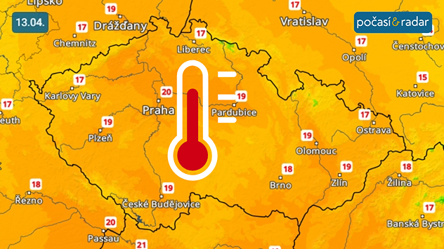 Předpověď maximálních teplot v Česku na pondělí 13. dubna: Pondělní maxima dosáhnou ojediněle až ke 20 °C.