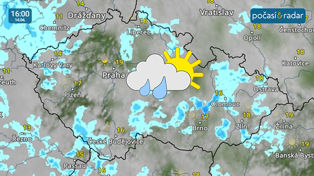 Meteoradar, screenshot, 14. 4. 16:00: V úterý bude nad Českem převládat velká oblačnost, místy se přidají přeháňky.