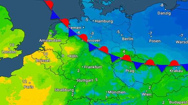 TemperaturRadar-Karte von Mitteleuropa mit eingezeichneter Luftmassengrenze zwischen warmer Luft im Westen und kalter Luft im Osten.