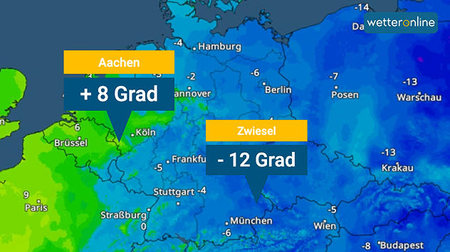 Wetterkarte von Mitteleuropa mit starken Temperaturgegensätzen: +8 Grad bei Aachen im Westen und −12 Grad bei Zwiesel im Osten, farblich von Grün bis Dunkelblau dargestellt.