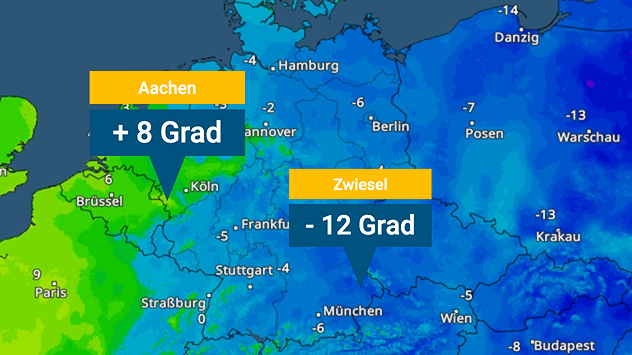 Wetterkarte von Mitteleuropa mit starken Temperaturgegensätzen: +8 Grad bei Aachen im Westen und −12 Grad bei Zwiesel im Osten, farblich von Grün bis Dunkelblau dargestellt.