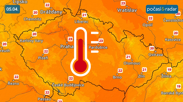 Předpověď nejvyšších denních teplot v Česku na neděli 5. dubna: Nedělní teploty se na velké části území vyšplhají přes 20 °C.