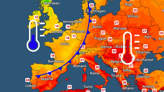 The weather map shows a cold front stretching from France to Scandinavia, with lower temperatures in the west. Eastern and southern Europe will remain very hot, with temperatures reaching up to 30 degrees.