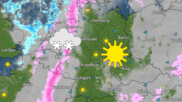 WetterRadar für Mittwochnachmittag mit Schnee im Westen. Östliche Landesteile sonnig und trocken. Verbreitet frostige Temperaturen.
