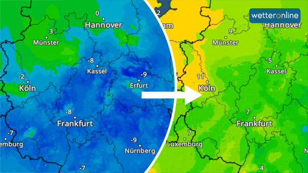 TemperaturRadar zeigt großen Temperatursprung von Sonntagmorgen auf Montagmorgen