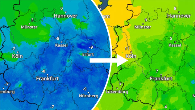 TemperaturRadar zeigt großen Temperatursprung von Sonntagmorgen auf Montagmorgen