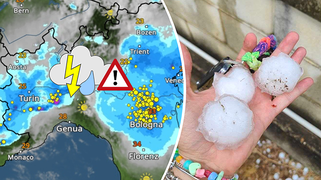 Carte météo montrant des orages au-dessus du nord de l'Italie et photo de gros grêlons dans une main.