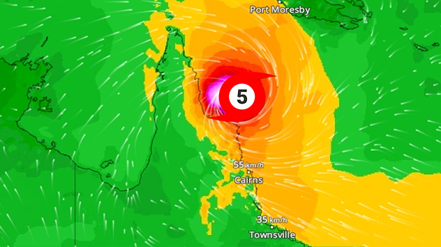 Windkarte mit starkem Zyklon vor Nordost-Australien. Rotes Zentrum markiert Kategorie 5 Sturm nahe Cairns. Umgebende Bereiche zeigen kräftige Windströmungen.
