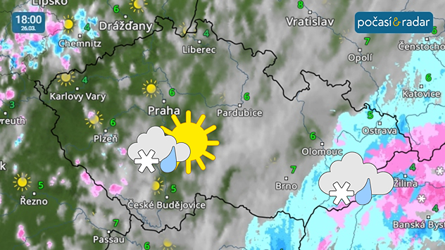Meteoradar, screenshot, 26. 3. 18:00: Na jihovýchodě území budou srážky doznívat až do pátku, naopak v Čechách již od západu a severozápadu dochází k postupnému protrhávání oblačnosti.