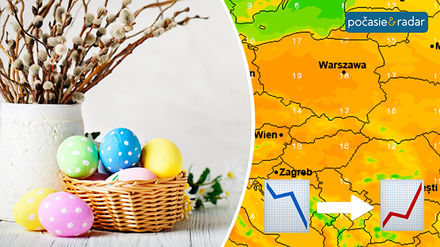 Veľkonočné vajíčka a mapa s oteplením smerom k sviatkom