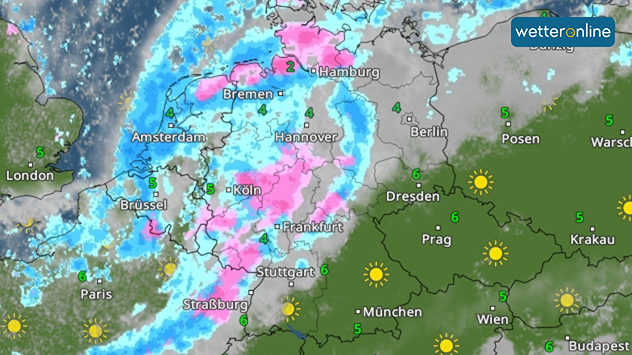 Wetterkarte mit Schnee- und Regenband über Westdeutschland, Sonne im Osten.