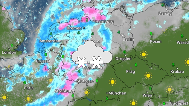 Wetterkarte mit Schnee- und Regenband über Westdeutschland, Sonne im Osten.