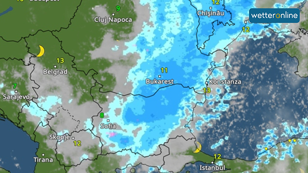 WetterRadar mit Regen über Rumänien und Bulgarien, Temperaturen um 10 bis 13 Grad.